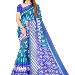 Florence Turquoise Blue & White Ethnic Motifs Zari Art Silk Ikat Saree-picture-28