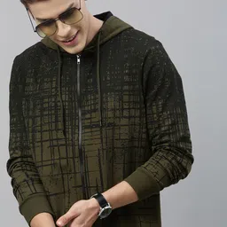 HERE&NOW Men Olive Green & Black Printed Hooded Sweatshirt-image-43
