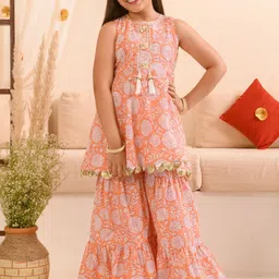 pspeaches Girls Floral Printed Gotta Patti Pure Cotton A-line Kurta With Sharara-image-54
