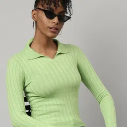 SHOWOFF Women Self Design Shirt Collar Fitted Top-image-12