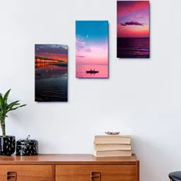 999Store Set Of 3 The Setting Moon Over The Boating In The Sea Framed Wall Arts image 1