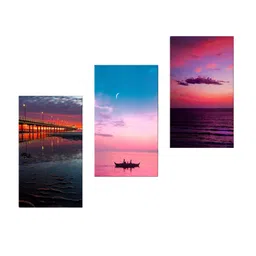 999Store Set Of 3 The Setting Moon Over The Boating In The Sea Framed Wall Arts image 2