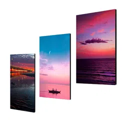 999Store Set Of 3 The Setting Moon Over The Boating In The Sea Framed Wall Arts image 3