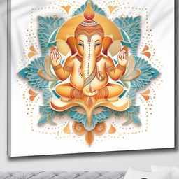 SAF Beige & Blue Wooden Framed Lord Ganesha Canvas Painting Wall Art-image-87