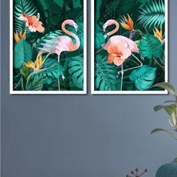 Art Street Set Of 2 Green & Pink Flamingo Tropical Framed Canvas Wall Art-35