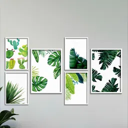 SAF Green & White Digital Print Painting Frame Wall Art Set Of 6-9