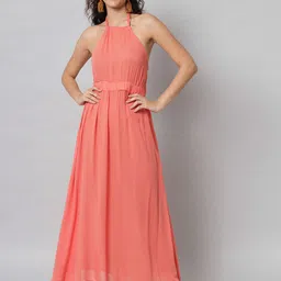 emeros Women Peach-Coloured Halter Neck Maxi Dress-image-38