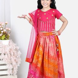 Kinder Kids Girls Pink & Orange Embroidered Thread Work Ready to Wear Lehenga & Blouse With Dupatta-image-72