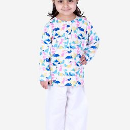 BownBee Girls White & Blue Printed Cotton Night suit-image-18