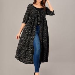 KALINI Floral Printed Gathered Detailed Cotton Longline Shrug-13