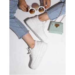 Shoetopia Women White Solid Suede Sneakers-picture-0
