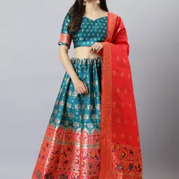 Lilots Blue & Red Semi-Stitched Lehenga & Unstitched Blouse With Dupatta-picture-12