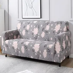 HOKIPO Grey & Pink Printed 3 Seater Elasticated Sofa Cover With Arms-25
