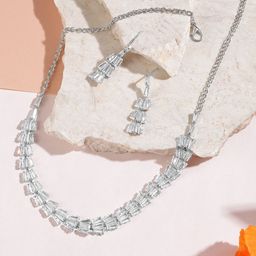 MANSIYAORANGE Rhodium Plated AD Gemstone-Studded Necklace With Earrings-image-99