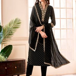 Anouk Black Floral Embroidered Thread Work Straight Kurta With Trousers & Dupatta-image-32