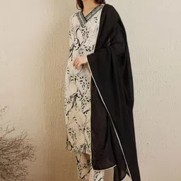 PARTHVI Floral Printed Mirror Work Pure Cotton Kurta With Trousers & Dupatta image 1