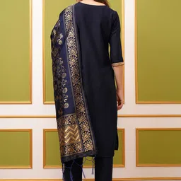 Vishudh Navy Blue & Gold Toned Round Neck Regular Kurta with Trousers & With Dupatta image 5
