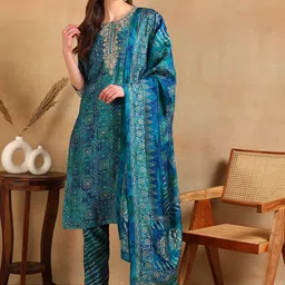 KALINI Ethnic Motifs Printed Thread Work Straight Kurta With Trouser & Dupatta image 2