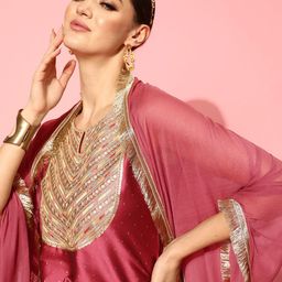 Varanga Ethnic Motifs Yoke Design Regular Sequinned Kurta with Trousers & Dupatta image 3