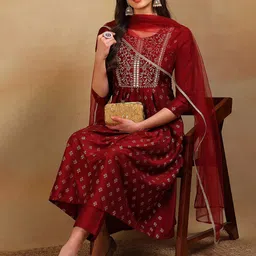 AHIKA Ethnic Motifs Printed Mirror Work Kurta & Trousers With Dupatta image 1