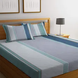 homewards Green & White Striped 200 TC Queen Bedsheet With 2 Pillow Covers-4