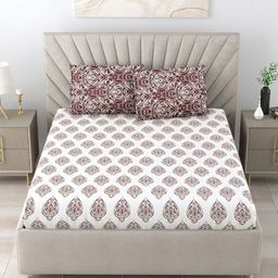 Salona Bichona Brown & White Ethnic Motifs 180 TC King Bedsheet with 2 Pillow Covers-image-44