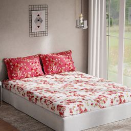 DDecor Red & White Floral Printed 144TC 1 Double Queen Bedsheet With 2 Pillow Covers-33