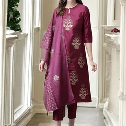 MORLY Ethnic Motifs Printed Boat Neck A-Line Kurta With Trousers & Dupatta-33