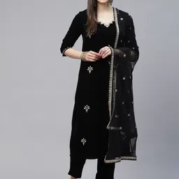 Divena Printed Zardozi Velvet Kurta with Trousers & With Dupatta-4