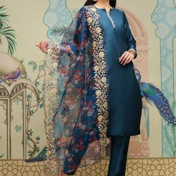 Ishin Notch Neck Thread Work Silk Crepe Straight Kurta with Trousers & Dupatta-picture-1