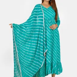 Thread & Button Women Blue Striped Pleated Kurta with Trousers & With Dupatta-image-10