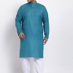 plusS Men Teal Blue & White Regular Pure Cotton Kurta with Pyjamas-picture-19