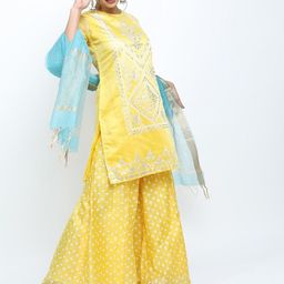 Vishudh Women Yellow Ethnic Motifs Printed Kurti with Palazzos & With Dupatta-23