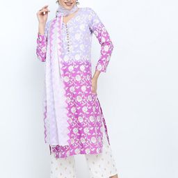 Vishudh Women Mauve Floral Printed High Slit Kurta with Palazzo & Dupatta-image-9