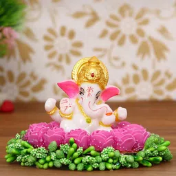 eCraftIndia Pink & White Lord Ganesha Idol On Handcrafted Plate With Flowers Showpiece-image-87
