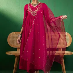 Sangria Embroidered A-Line Kurta With Trouser & Dupatta-3