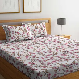 KLOTTHE Grey & Red Floral Printed 300TC Fitted King Bedsheet With Pillow Cover-picture-5