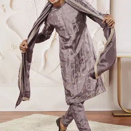 VASTRAMAY Floral Embroidered Sequinned Straight Kurta with Pyjama & Dupatta-picture-12