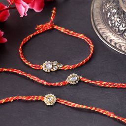 PANASH- Unisex Set Of 3 Gold Plated Stone Studded Thread Rakhis With Roli Chawal-image-14