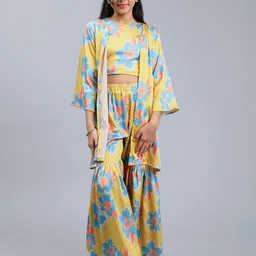 Unique Designers Girls Floral Printed Top and Sharara With Shurg Yellow-image-48