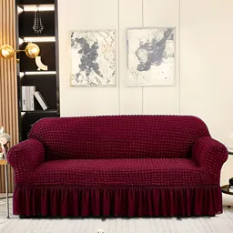 Aura Maroon Self Design Stretchable Three Seater Sofa Cover With Skirt-image-7