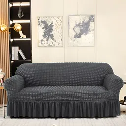 Aura Grey Stretchable Bubble Three Seater Sofa Cover With Skirt-image-38
