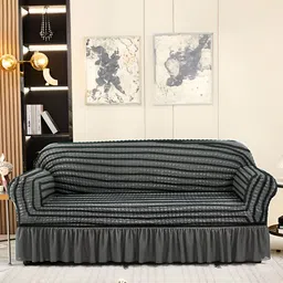 Aura Grey & Navy Blue Stretchable Bubble Three Seater Sofa Cover With Skirt-image-22