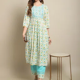 Sangria Off White & Turquoise Blue Floral Printed Mirror Work A-Line Kurta With Trouser-0