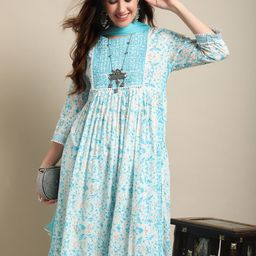Sangria Turquoise Blue & White Printed Mirror Work A-Line Kurta With Trouser & Dupatta-11