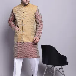SOJANYA PLUS Ethnic Woven Design Regular Straight Kurta & Pyjamas With Nehru Jacket image 2