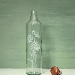 ellementry Unisex Transparent Solid Daisy Glass Water Bottle With Wooden Stopper 500 ml-34