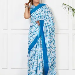 JAIPURI BLOCK PRINT Geometric Printed Mulmul Cotton Bagru Saree image 3