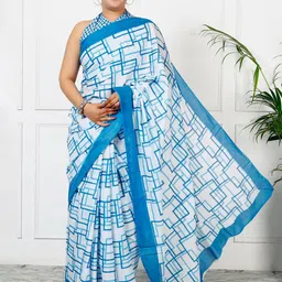 JAIPURI BLOCK PRINT Geometric Printed Mulmul Cotton Bagru Saree image 4