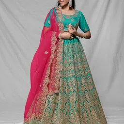 HALFSAREE STUDIO Embroidered Net Semi-Stitched Lehenga & Unstitched Blouse With Dupatta-picture-6